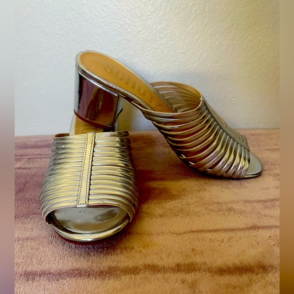 SCHUTZ metallic silver kitten heel slides - Picture 1 of 8